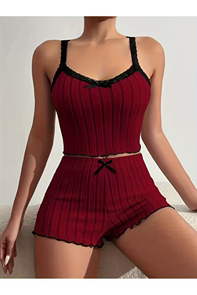 GENERAL Women's Burgundy Lace Trim Cami Top & Shorts Loungewear Set Size XL