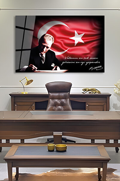 home dekors Atatürk Portresi ve Türk Bayrağı Cam Tablo, Vatanını en çok seven...