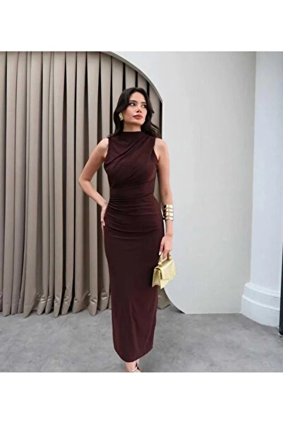MODA DURAĞI Drapeli Yırtmaçlı Midi Elbise