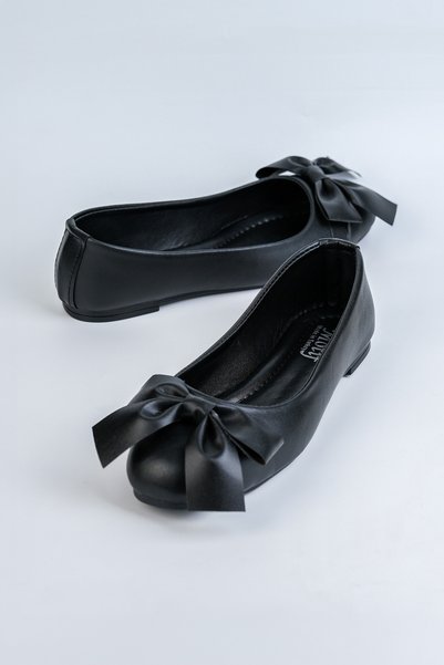 Polomia Comfort Women's Black Round Toe Big Bow Faux Leather Ballerinas