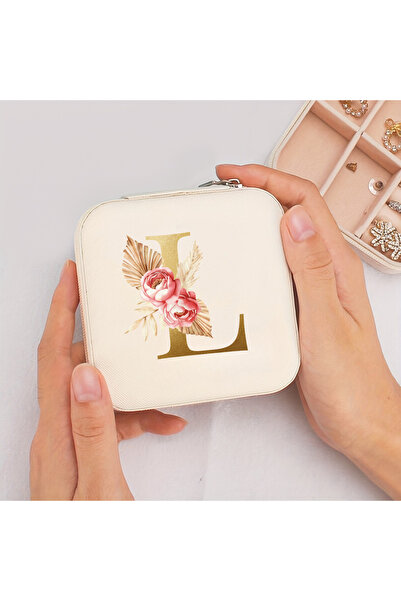 Choice5 L A-Z Alphabet Print Beige Jewelry Box, Elegant Travel Jewelry Case w...