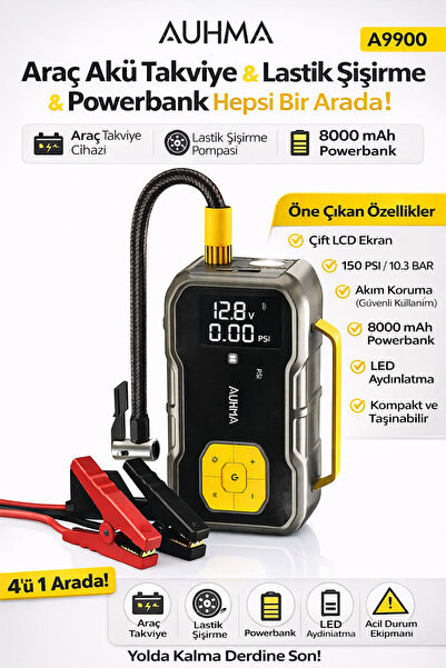 auhma A9900 4'ü 1 Arada Akü Takviyeli Şarjlı Hava Pompası 8.000 Mah| Powerban...