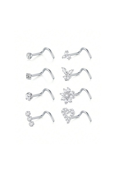 Choice5 حلقات أنف فضية 18G، طقم من 8 قطع للنساء، حلقات أنف على شكل حرف L مقاس...