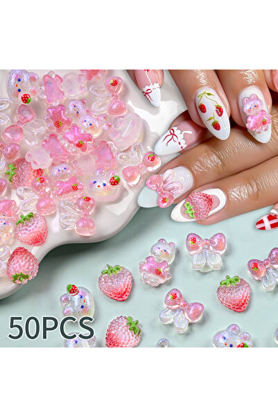 Choice1 50 قطعة من زينة الأظافر ثلاثية الأبعاد بتصميم أرنب وفراولة وفيونكة، ز...