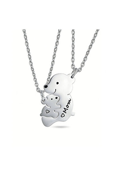 Choice Silver 2 Pcs Cartoon Bear Mom And Baby Matching Heart Necklace Stainle...