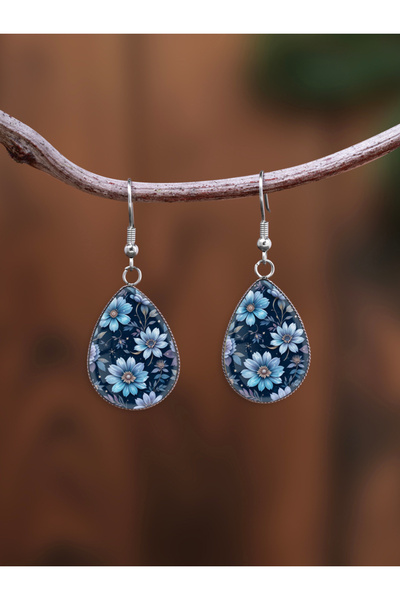 Choice dark blue Silver 1 Pair of Dark Blue Floral Pattern Earrings with Conv...