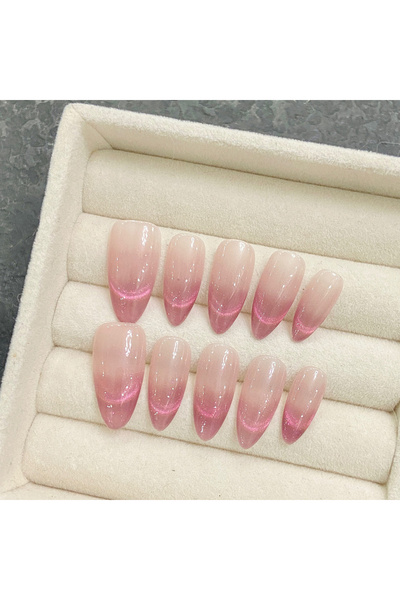 Choice6 S Handmade Press On Nails Pink Fake Nails Cat Eyes French Tip 10pcs C...