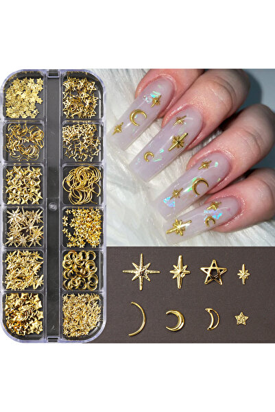 Choice1 S-126-02 12 Grids Golden Silvery Starlight Nails Art Charms Moon Cros...