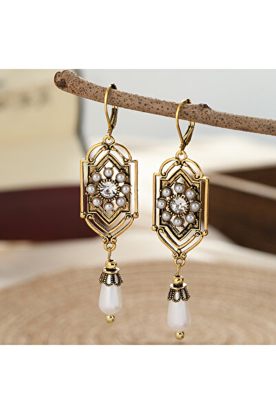 Choice WHITE T1154 Vintage Golden Plated Inlaid Imitation Pearl Pendant Earri...