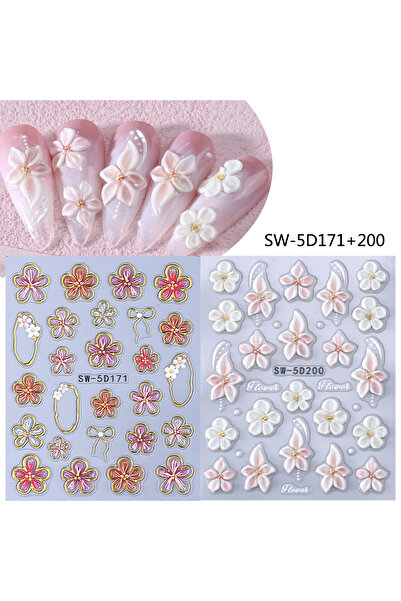 Choice ملصقات أظافر SW-5D171 200 (قطعتان) بتصميم زهور منقوشة، ألوان ربيعية وص...