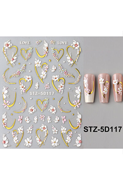 Choice ملصقات أظافر STZ-5D117 بنقش زهور مزخرفة بخطوط ذهبية، زهور بيضاء ربيعية...