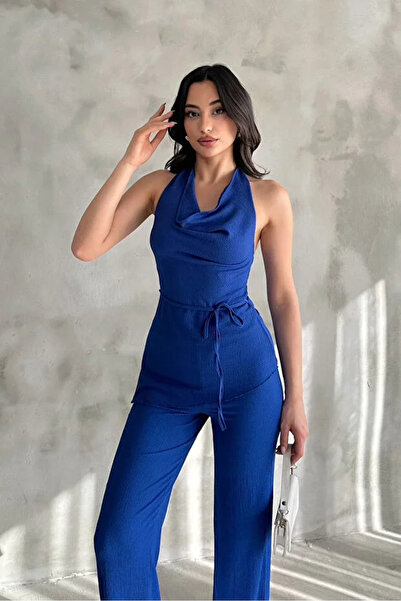 MEX ELENA Kadın Saks Mavisi Degaje Yaka Bluz ve Pantolon İkili Takım