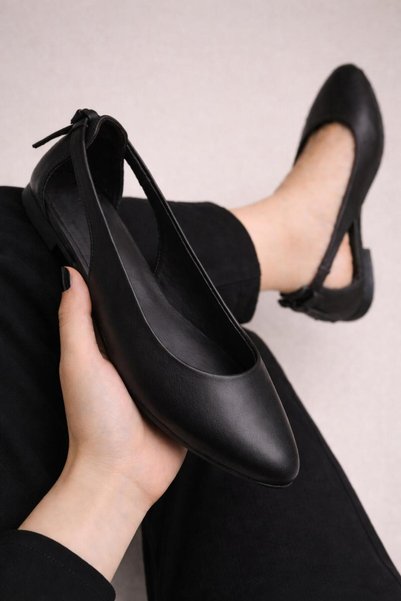 ModaMert Black Open-Sided Bow Women's Ballerina Classic Stylish Daily Lightweight Sandals