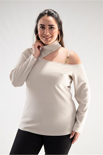 Roxxlen Γυναικεία μπλούζα με αλυσίδα στους ώμους σε μεγάλο μέγεθος, μπεζ