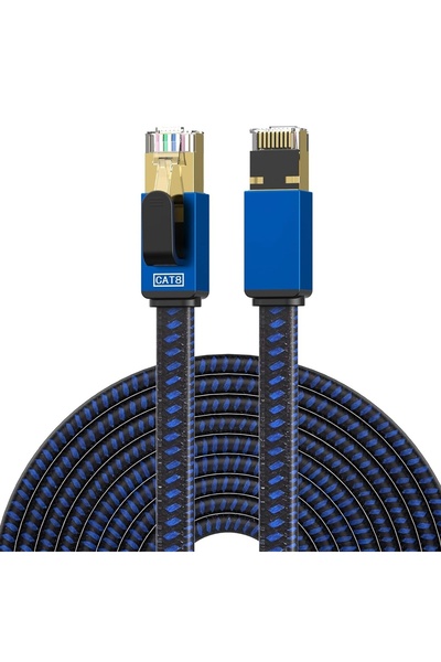 Lekvkm Επίπεδο καλώδιο Ethernet Cat8 RJ45 SSTP, νάιλον/μέταλλο, μπλε/μαύρο, 1...