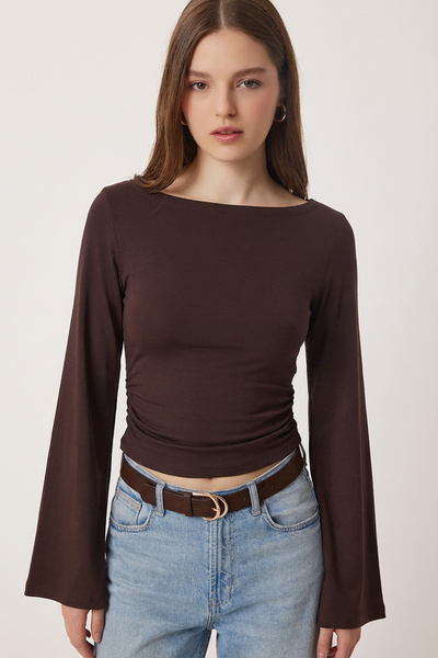 Lovelyİstanbul Ισπανική μπλούζα με κορδόνι στο μανίκι Modal LMW0034 ΚΑΦΕ