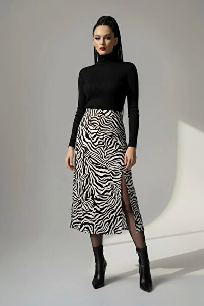 MEX ELENA Kadın Zebra Desen Midi Boy Etek