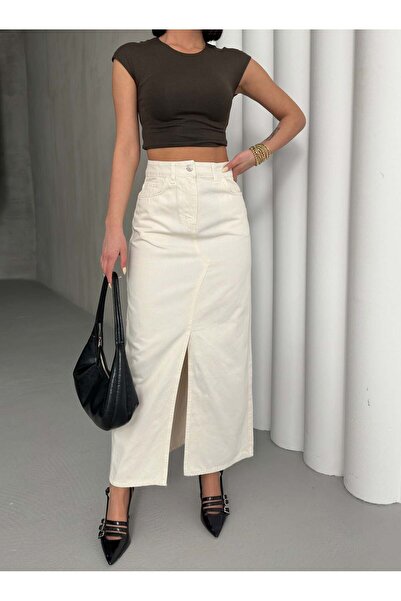 1434 Polo State Γυναικεία Εκρού Ψηλόμεση Τζιν Φούστα με Σκίσιμο στη Μέση