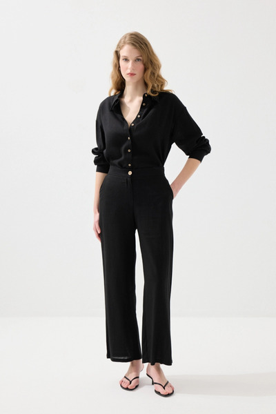 Gusto Wide Leg Linen Trousers - Black