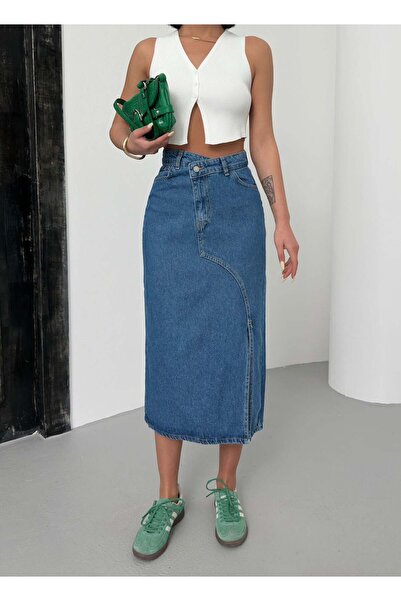 1434 Polo State Γυναικεία μπλε ψηλόμεση ασύμμετρη τζιν φούστα μίντι με σκίσιμο