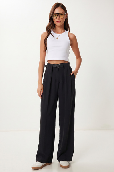 Lovelyİstanbul Παντελόνι Παλάτσο με Ζώνη και Πλισέ Ύφανση LZV0066 ΜΑΥΡΟ