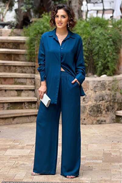 Nevin Kaya Moda Σετ δύο τεμαχίων παντελόνι Palazzo σε χρώμα λαδί