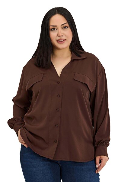 DISENTIS MODEST Μακρυμάνικο καφέ πουκάμισο μεγάλου μεγέθους με λεπτομέρεια τσ...