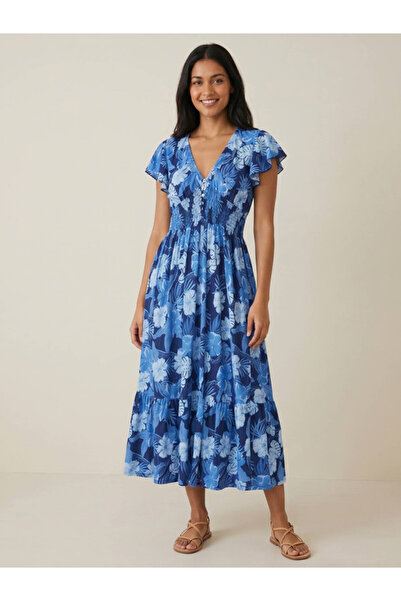 Victor and Jane Blue Floral V-Neck Midi Dress with Flutter Sleeves