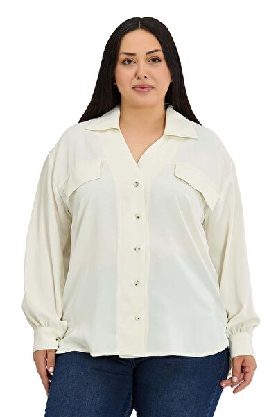 DISENTIS MODEST Μακρυμάνικο πουκάμισο εκρού μεγάλου μεγέθους με λεπτομέρεια τ...