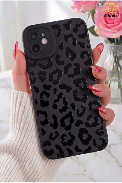 Fibaks iPhone 11 Kılıf Mat Siyah Hologramlı Leopar Desenli Kamera Korumalı Yu...