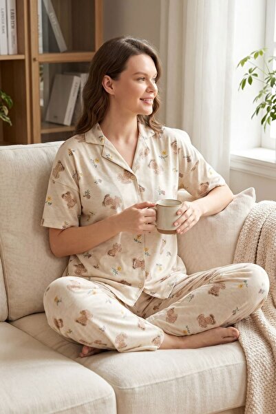 Hepsine Rakip Γυναικείο σετ πιτζάμες με κουμπιά, κοντό μανίκι και μακρύ πάτο,...