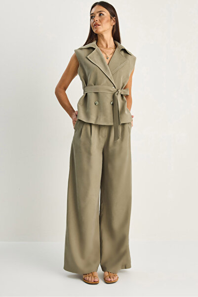 Bianco Lucci Γυναικείο Κλασικό Γιλέκο με Διπλό Γιακά και Ζώνη, Ψηλόμεσο Παντε...