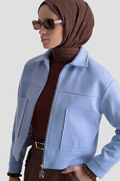 Armine TREND Boydan Fermuarlı Cep Detaylı Kısa Ceket Mavi 25KT517