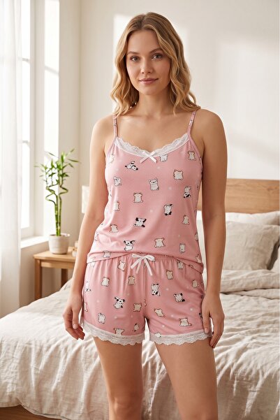 MORRO Σετ γυναικείες πιτζάμες από μπαμπού με σορτς, ροζ σχέδιο γάτας, χαριτωμ...