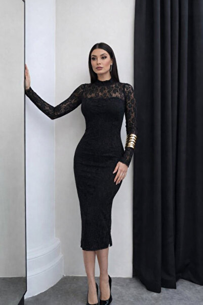 BEGBOR COLLECTİONS Black Strappy Lined Lace Detailed Midi Dress Women's Eveni...