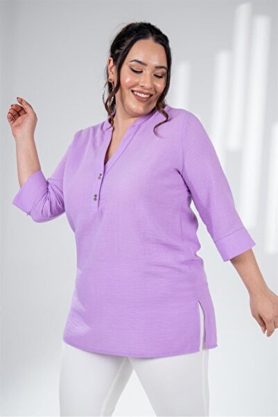 Roxxlen Γυναικεία μπλούζα με κουμπιά και υψηλό γιακά σε μεγάλο μέγεθος