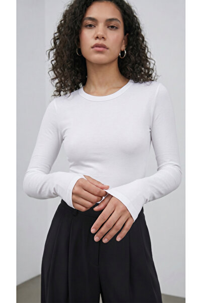 byTOROS Women's White Long Sleeve Finger Detail Crew Neck Bodysuit