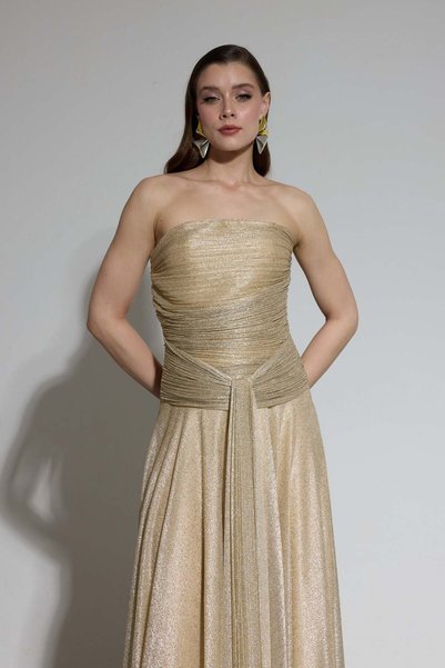 Carmen Gold Strapless Draped Glitter Knitted Evening Dress