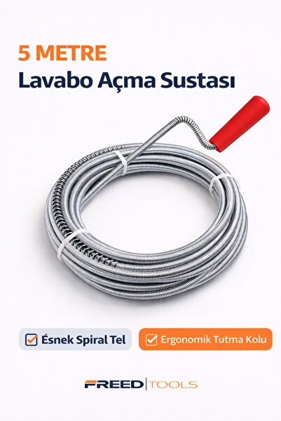 FREED TOOLS Tıkalı Banyo Lavabo Deliği Gider Boru Açıcı Aparat 5 Metre Susta