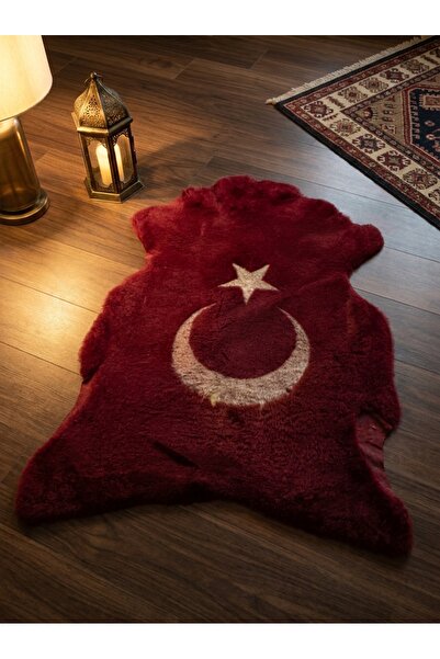 Ars Natural Hakiki Koyun Postu Türk Bayrağı Figürlü Dekoratif Halı - 80x105 cm