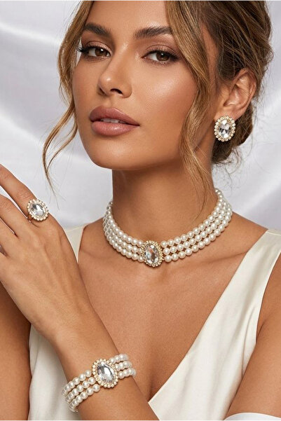 Happyline Cam İncili gümüş taşlı gold kaplama inci choker kolye tasarım şık k...