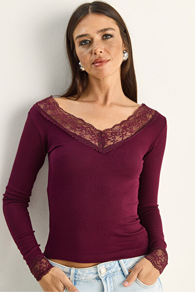 Bianco Lucci Γυναικεία μακρυμάνικη χτενισμένη βαμβακερή μπλούζα με λεπτομέρει...