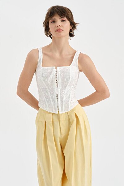 tw3 Γυναικείος κεντητός υφασμάτινος κορσές μπλούζας με λεπτομέρειες και σχέδι...