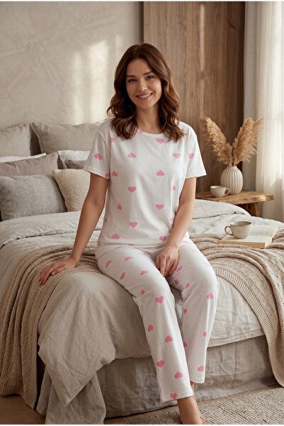 MORRO Γυναικείο σετ πιτζάμες με κοντό μανίκι Λευκό ροζ με σχέδιο καρδιάς Ζέρσ...