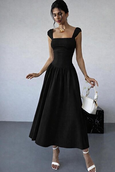 MEGOMEL Γυναικείο φόρεμα μίντι με τετράγωνο γιακά, κομψό καθημερινό και επίση...