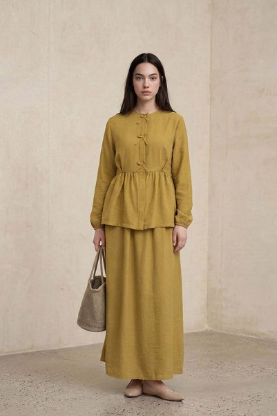 KADO OUTLET Fly Cupra Fabric Ribbon Detailed Gathered Blouse Skirt Set