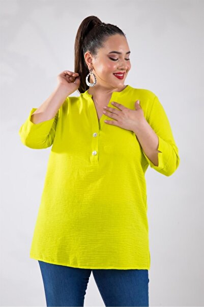Roxxlen Γυναικεία μπλούζα με κουμπιά και υψηλό γιακά σε μεγάλο μέγεθος