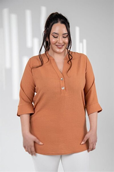 Roxxlen Γυναικεία μπλούζα με κουμπιά και υψηλό γιακά σε μεγάλο μέγεθος