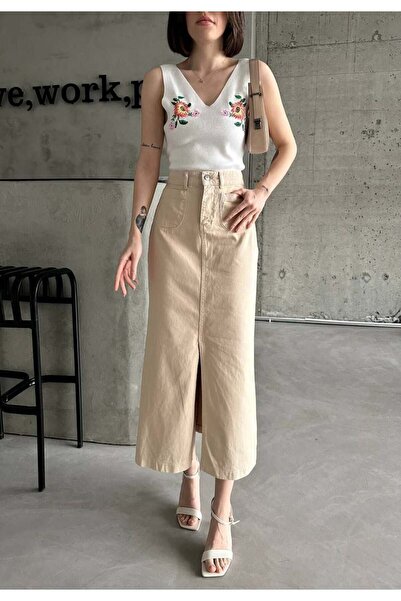 1434 Polo State Γυναικεία Μπεζ Φούστα Μίντι με Ψηλόμεσο Σκίσιμο