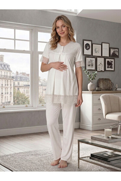 Lohusa Homewear Νέα σεζόν Εκρού Καλοκαιρινό Σετ Πιτζάμες Εγκυμοσύνης με Κομψή...